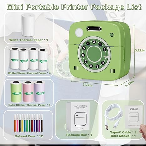 DOLEWA Portable Pocket Note Printer with 8 Rolls Color Paper& 12 Pens