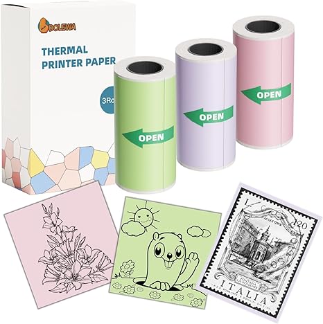 53mm Pink/Green/Purple Adhesive Thermal Sticker Paper 3 Rolls